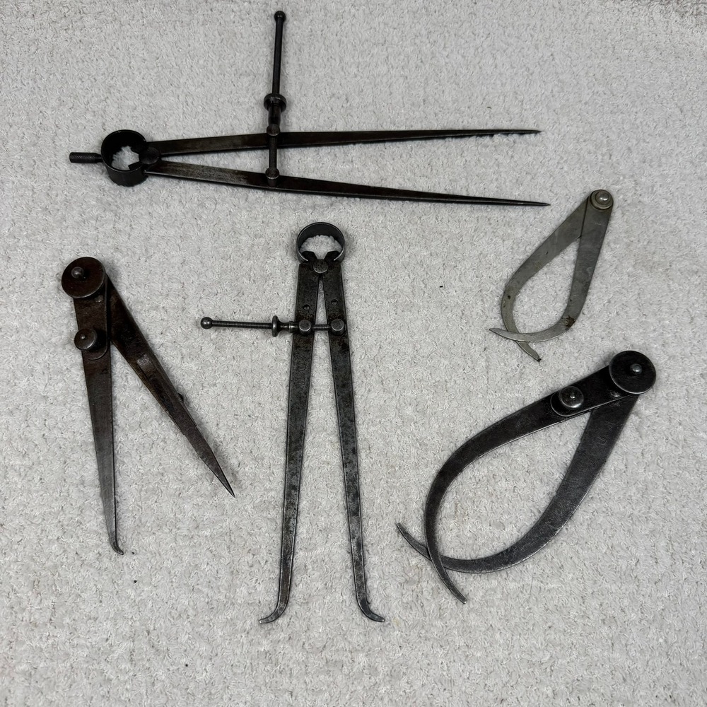 Vintage Machinist Caliper and Divider Set 5 Piece Antique Measuring Tools Steel